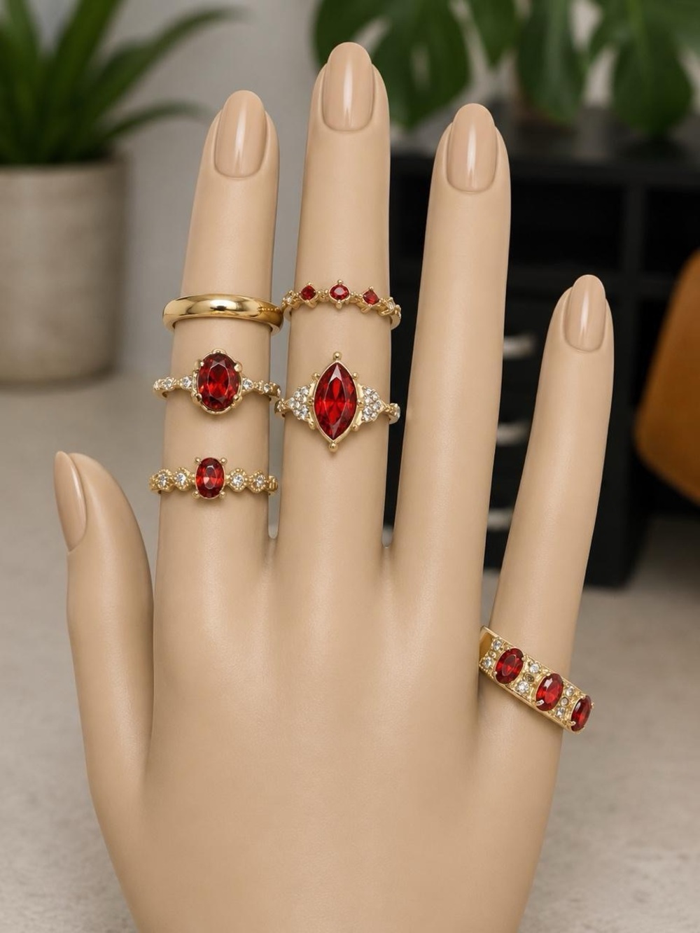 Set of 6 rings! Gold Plated Red Crystal Stacking Ring Set - Women Jewelry